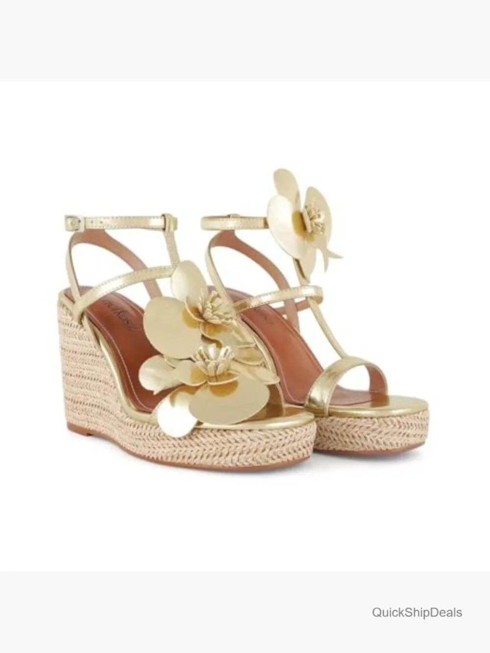 Wedge Sandals with Floral Design Raffia Heels Ankle Wrap Espadrilles Platform